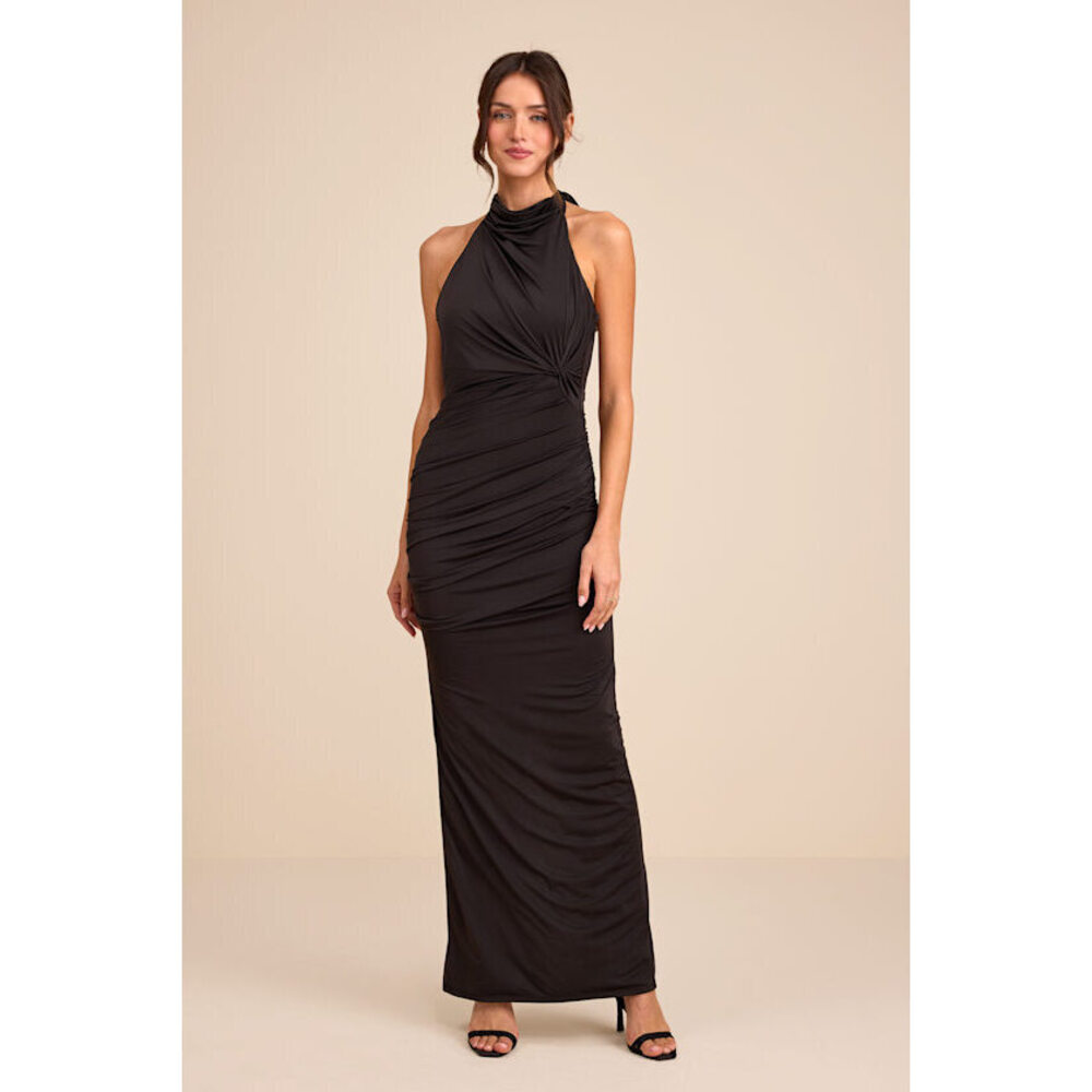 Lulus Seraiah Black Knotted Ruched Halter Maxi Dress - Size S